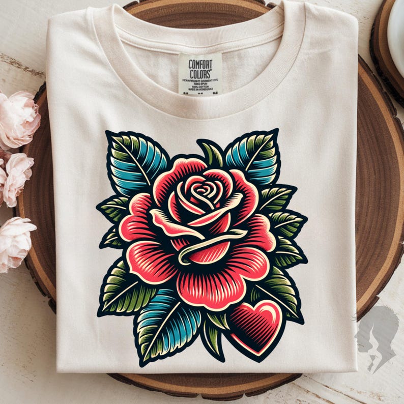 Red Rose Heart PNG, Floral Tattoo Style Shirt Design, Sublimation Digital Download image 3