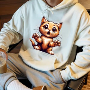May include: Cream-colored hoodie featuring a cartoon orange kitten with wide eyes and an open mouth. The cat has its paws outstretched. The hoodie has a front pocket and a drawstring hood. The image is a close-up of the hoodie.