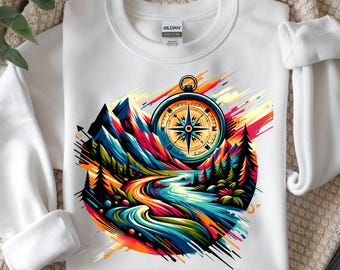 Compass Mountain River PNG, Adventure Nature Sublimation, Hiking Travel Design