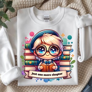 Chibi Boy Reader PNG: 本を積み重ねたイラスト、ベレー帽とメガネ（デジタルダウンロード）