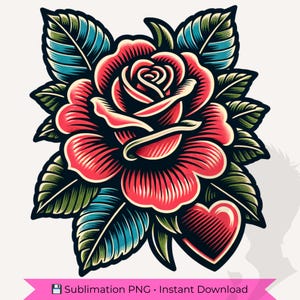 Red Rose Heart PNG, Floral Tattoo Style Shirt Design, Sublimation Digital Download image 2