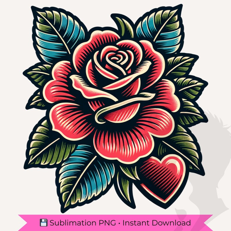 Red Rose Heart PNG, Floral Tattoo Style Shirt Design, Sublimation Digital Download image 2
