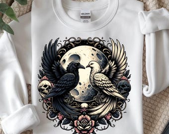 Gothic Raven Moon PNG, Dark Crow Skull Floral Sublimation Shirt Digital Download
