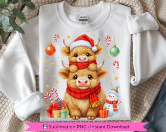 Christmas Highland Cow PNG, Festive Holiday Animals Clipart (Digital Download)
