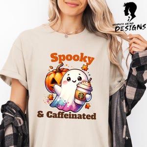 Spooky and Caffeinated Ghost PNG | Halloween Coffee Sublimation Design | Cute Pumpkin Latte Ghost Clipart for Fall Mugs & Shirts