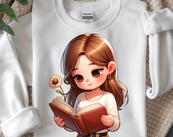 Reading Woman PNG, Girl With Book and Flower Sublimation Design