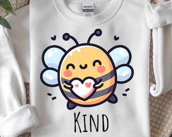 Bee Kind PNG, Cartoon Bee Heart Shirt, Kindness Quote Design Digital Download Sublimation