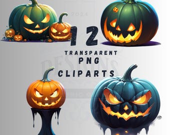 12 Halloween Pumpkin PNG Bundle, Jack O Lantern Clipart Set, Spooky Design Digital Download