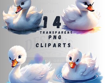 Pakiet clipartów łabędzia w formacie PNG, kolekcja cyfrowych pobrań projektu sublimacji akwarelowej białego łabędzia