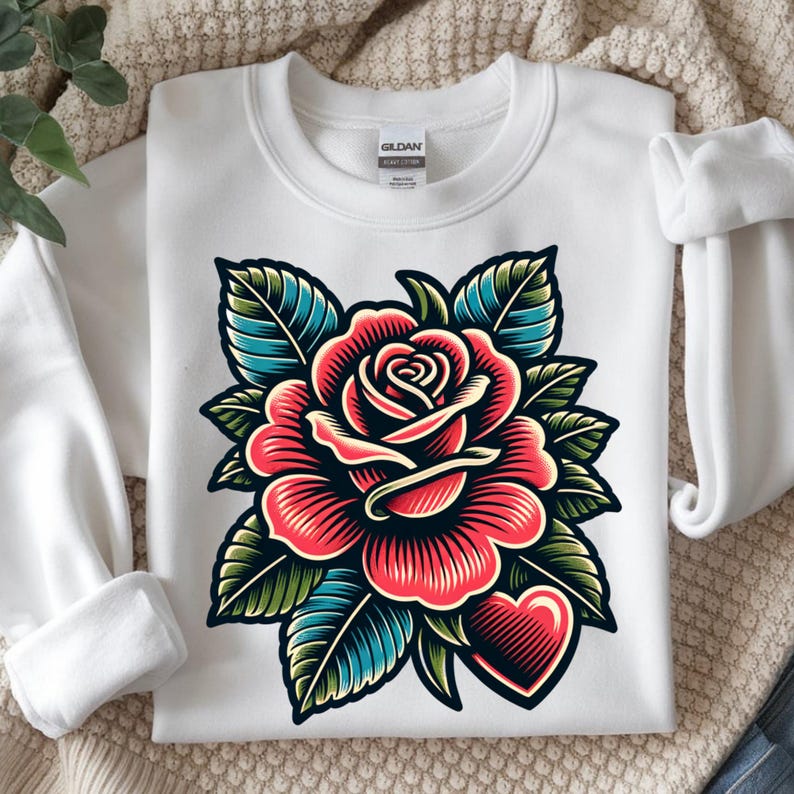 Red Rose Heart PNG, Floral Tattoo Style Shirt Design, Sublimation Digital Download image 1