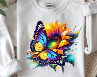 Butterfly Sunflower PNG, Colorful Floral Butterfly Shirt, Nature Bloom Design Digital Download Sublimation