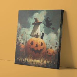 May include: Halloween-themed canvas art featuring a grinning jack-o'-lantern, a ghost wearing a hat, and a black cat. A witch on a broom flies in the background. The artwork has a vintage, slightly faded look, with muted colors.