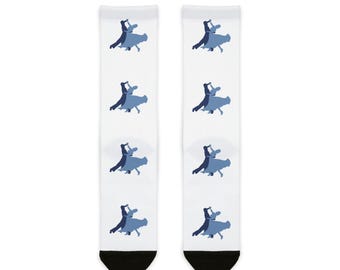 May include: A pair of white socks with a repeating pattern of blue silhouettes of a couple ballroom dancing.