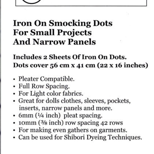 Iron On Smocking / Pleating Dots For  Small Projects And Narrow Panels For English Smocking.  Pleater Compatible. 2 Sheets. 22 x 16 inches.