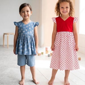 Child PDF Sewing Pattern. Gathered  V Neck Top And Dress  With Back Opening And Flutter Sleeves. Shorts With Elasticated Shorts. Age 2 - 10.