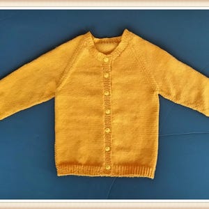 以下が含まれることがあります： ボタン留めの黄色のニットカーディガン。カーディガンは長袖で丸首です。