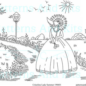 Vintage  Hand Embroidery Desig.   Crinoline Lady in Garden / Southern Belle No 2.SVG, PDF in 2 sizes.  Pattern Number 190601.