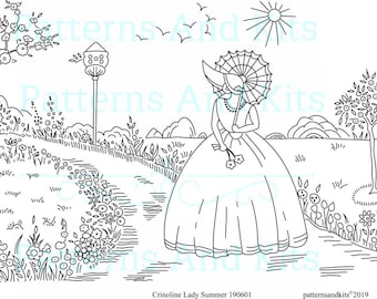 Vintage  Hand Embroidery Desig.   Crinoline Lady in Garden / Southern Belle No 2.SVG, PDF in 2 sizes.  Pattern Number 190601.