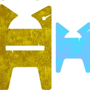 May include: Two wooden stools, one is yellow and the other is blue. Both stools have a simple design with a rectangular seat and two legs.