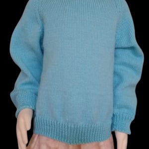 May include: A light blue knitted jumper with long sleeves and a crew neck.