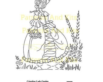 Vintage  Hand Embroidery Desig.   Crinoline Lady in Garden / Southern Belle No 2.SVG, PDF in 2 sizes.  Pattern Number 190601.