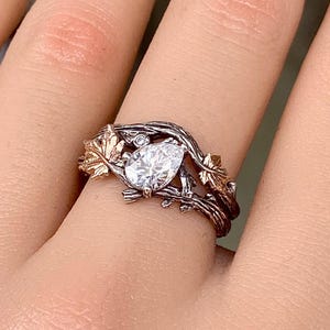 Einzigartiger Moissanit-Ring aus Silber, Vintage-Verlobungsring, personalisierter Hochzeitsring, Ahornblattring