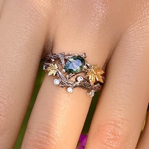 Natürliche Moosachat Bracnh Ringe Set, Birne geschnitten Verlobungsring, Zweig und Ahornblatt Wald Ring, Ehering, Versprechen stapelbare Ringe