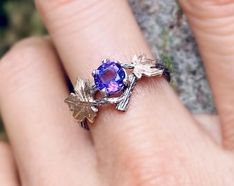 Purely hand-carved branch amethyst wedding band, amethyst bridal silver ring, amethyst leaf branch ring with stone, twig and leaf ring