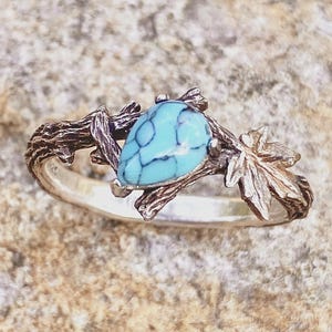 Birnenform Türkis Zweig Verlobungsring, graviert Silber Ring, Zweig Ahornblatt Ring, Türkis Schmuck, Muttertagsgeschenk