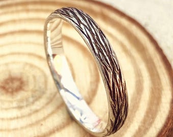 Sterling silver tree rings for women/men, hand carved bark wedding band, natural wedding rings, silver wedding rings, tree wedding band
