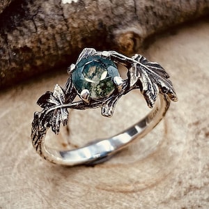 Anillo de rama tallada a mano en plata esterlina, anillo único de hoja de arce de bosque, anillo de ramita de boda de ágata musgosa natural, anillo de aniversario