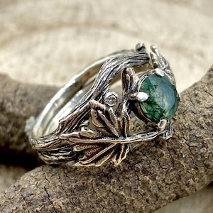 Anillo de plata con rama de ágata musgosa natural: Anillo apilable, boda tallada a mano, ramita y hoja de arce, boda, compromiso, gema personalizada
