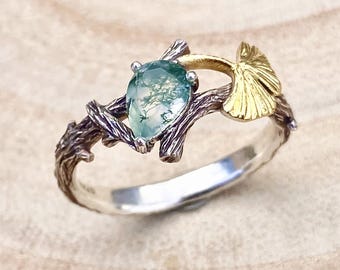 Custom sterling silver natural moss agate branch ring, ginkgo leaf twig ring, birthstone ring, engagement ring, forest promise ring for her