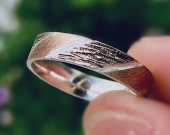 Original design hand carved bark silver ring, geometric band for men and women, unique ring with rose gold plated, engagement band