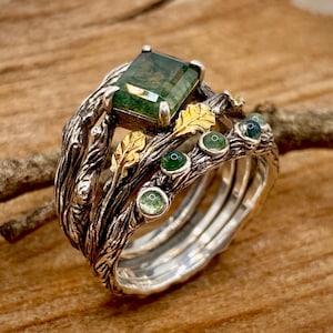 Substantial sterling silver twig ring with natural agate, oak leaves wedding ring, hand-carved forest woodland, stackable