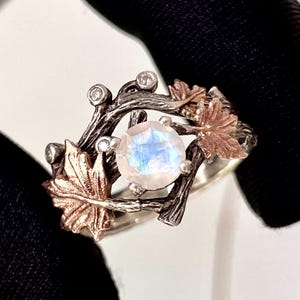 Moonstone Sterling Silver Branch Ring: Carved Maple Leaf Design, Round cut, Stacking, For women, Wedding, Engagement, Birthday Gift, Promise