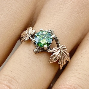 Bague feuille d'érable verte moissanite, bague de fiançailles brindille en argent sterling, 0,8 carat, branche d'arbre