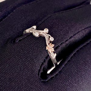 Custom Hand Carved Branch and Maple Leaf Ring, Sterling Silver Women&#39;s twig Ring, Natural Engagement Ring, Vine Leaf Ring, promise ring