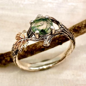 Anello in argento sterling con ramo di foglia d'acero in agata muschiata naturale, anello di fidanzamento con pietre preziose, anello da donna con ramoscelli e foglie, gioielli con elfi della foresta