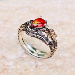 Handgeschnitzter Sterling Silber Wassermelonen-Turmalin Zweig Ring, Zweig Ahornblatt Ehering, Stapel-Verlobungsring, Brautring