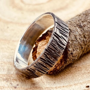 Engraved ring, Hand-carved tree pattern sterling silver S999 personality ring, unique bark ring, men's wedding ring, women vintage bark ring