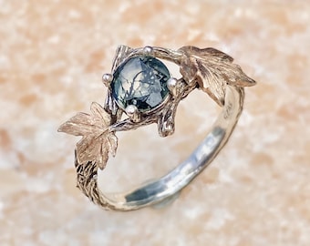 Really hand carved sterling silver branch ring, maple leaf twig ring, natural round moss agate ring, wedding ring, twig ring for women