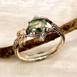 Anillo de rama de hoja de arce de plata esterlina con ágata musgosa natural, anillo de compromiso con piedras preciosas, anillo de ramita y hoja para mujer, joyería de elfo del bosque