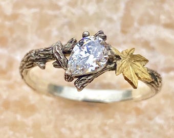 Twig and leaf moissanite sterling silver nature ring,tree branch wedding band, April birthstone ring, maple leaf ring, engagement ring