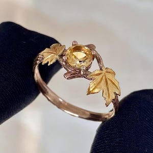 Personalisierter natürlicher Citrin-Zweigring aus Sterlingsilber, geschnitzter Ahornblattring, Roségold-Verlobungsring, Hochzeit-Versprechensring