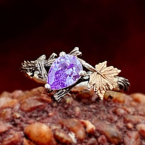 Natürlicher Amethyst-Zweigring, S925-Sterlingsilberahornblattring, handgeschnitzter Rindenring, Geburtssteinring, Zweigsilberring