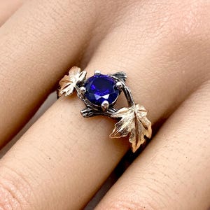Hand-carved vintage forest branch silver ring, natural sapphire maple leaf ring, unique engagement ring, wedding ring for her, promise ring