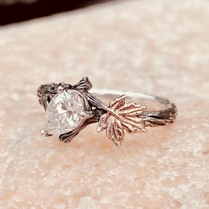 Hand carved branch silver ring, moissanite twig wedding ring, twig and leaf ring with stone, vintage forest ring, unique engagement ring