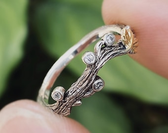 Branch maple leaf sterling silver ring, hand carved bark ring, small zircon vine leaf ring, oxidized distressed vintage twig leaf ring