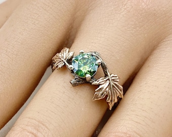 0.8 carat green moissanite tree branch ring, twig rustic rings, maple leaf ring, sterling silver engagement ring,  twig wedding ring